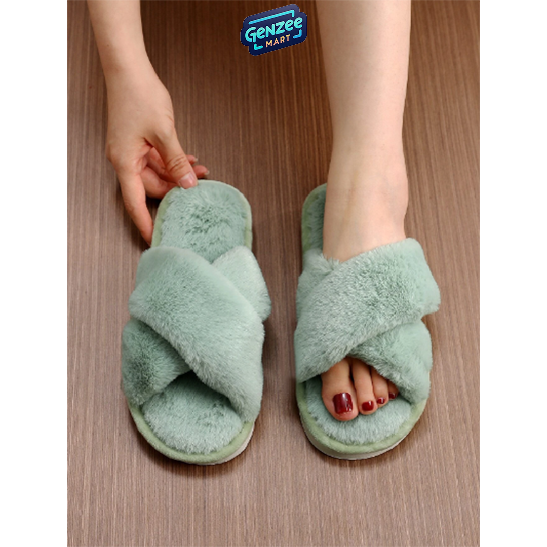 Genzee Mart Fashion Women's Solid Color Bedroom Slippers with Fuzzy Cross Design