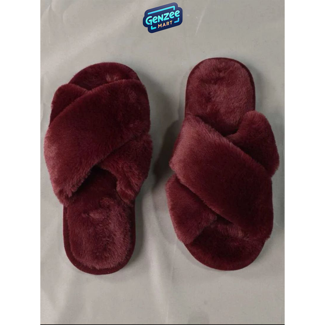 Genzee Mart Fashion Women's Solid Color Bedroom Slippers with Fuzzy Cross Design