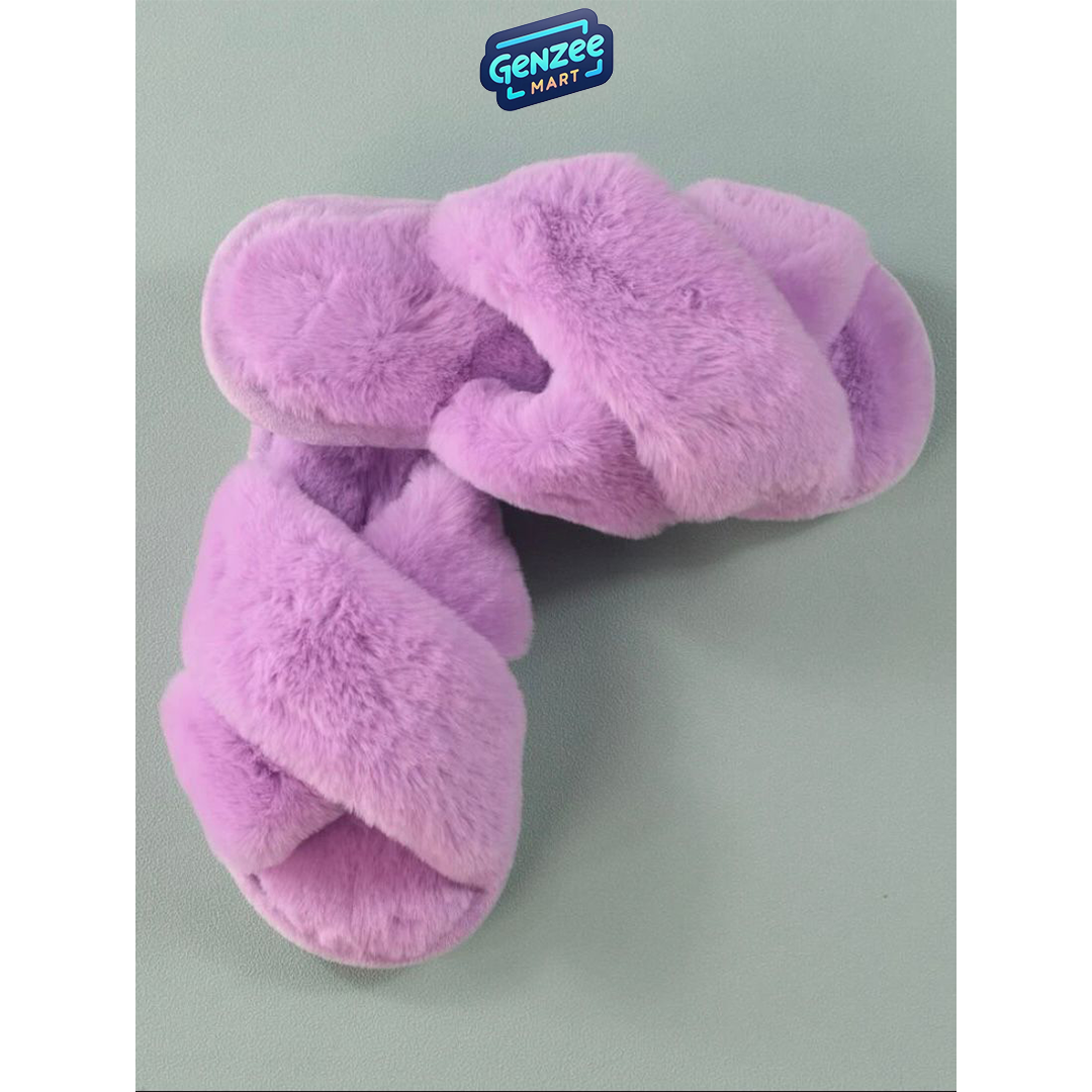 Genzee Mart Fashion Women's Solid Color Bedroom Slippers with Fuzzy Cross Design