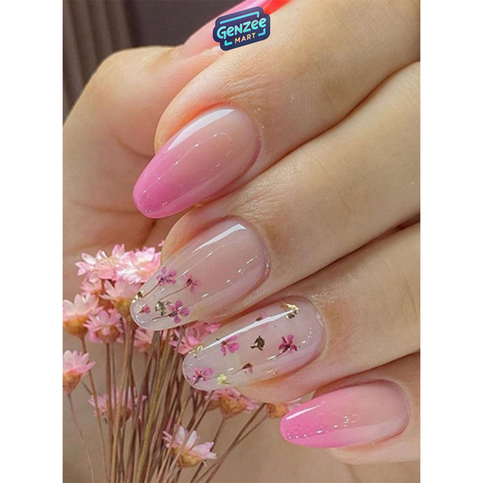 Genzee Mart 24pcs Long Almond Shaped Flower Design Ombre Fake Nail Extension