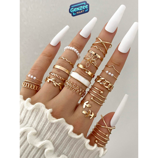 Genzee Mart 22pcs Bohemian Style Faux Pearl & Vintage Geometric Multi-Element Ring Set