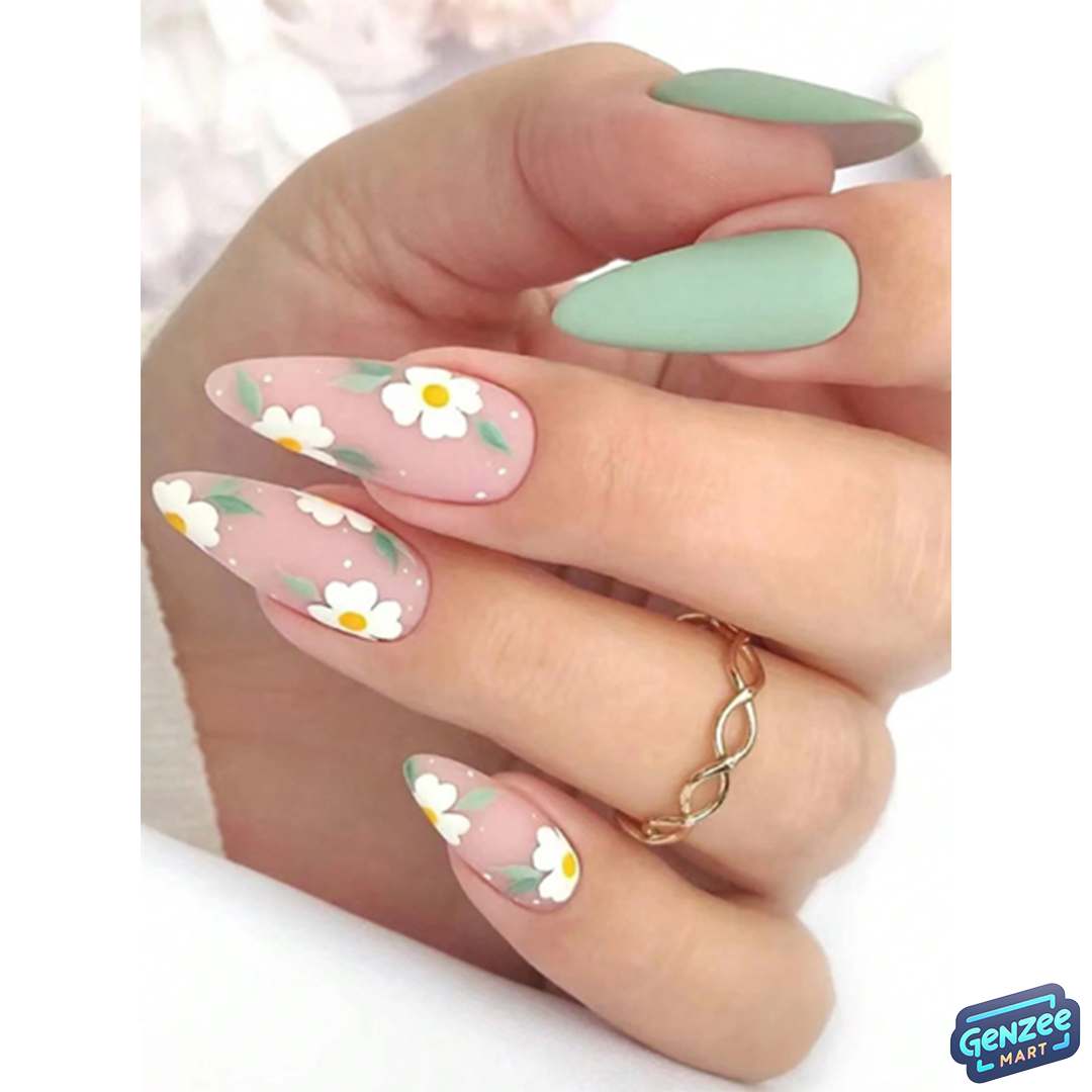 Genzee Mart 24pcs Set Natural Matte Almond Shape Green Floral Summer Press On Nails