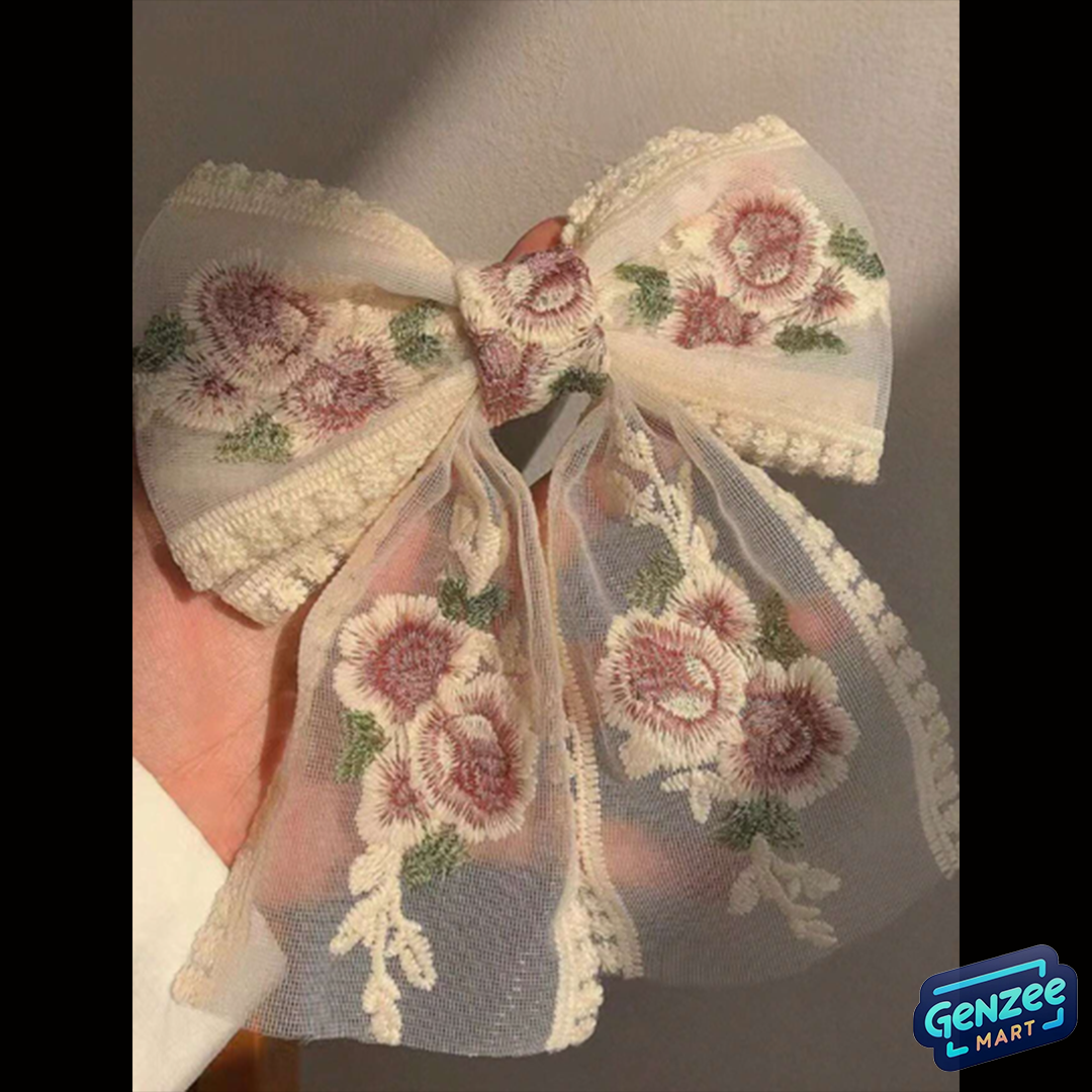 Genzee Mart 1pc Embroidery Flower And Large Bowknot Hair Clip