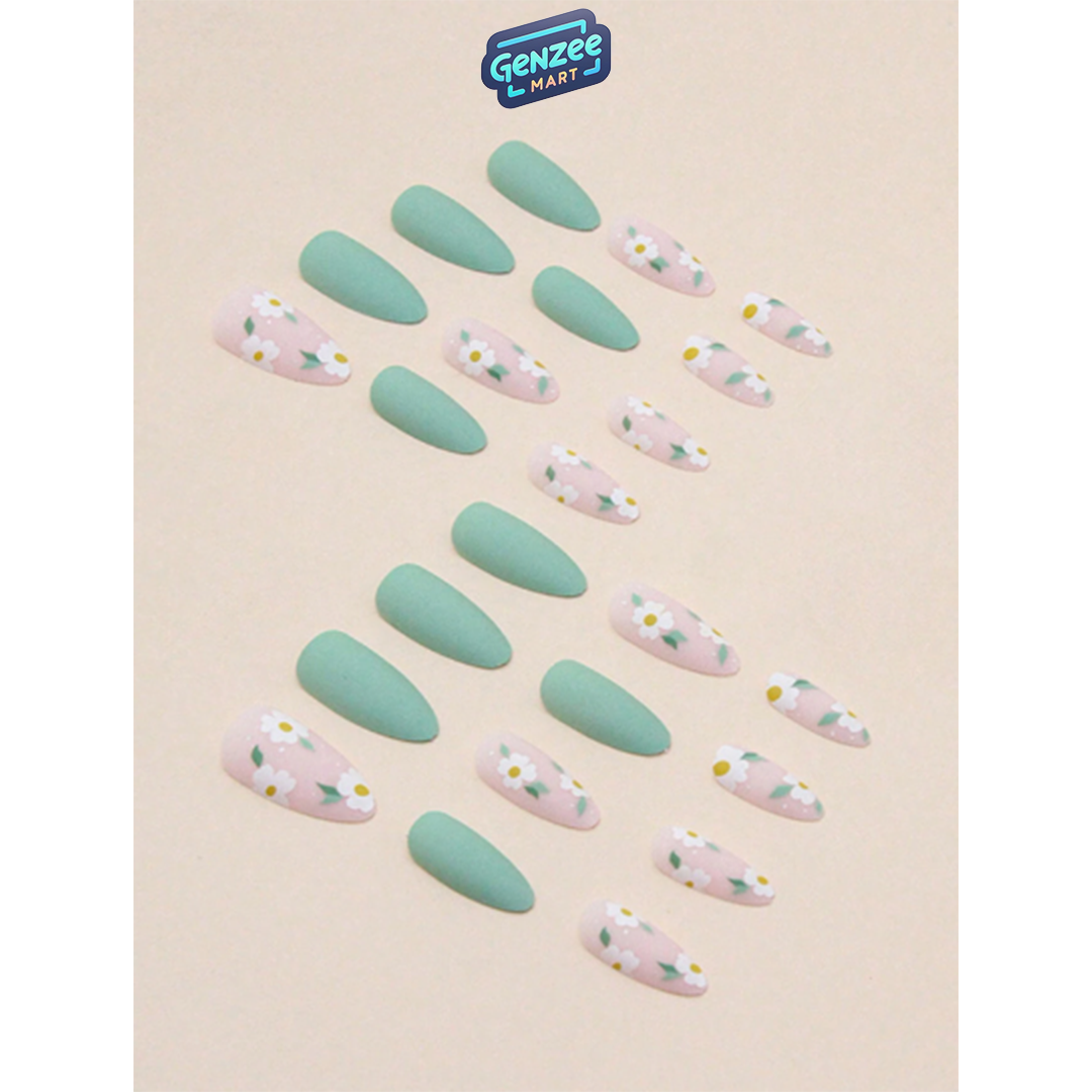 Genzee Mart 24pcs Set Natural Matte Almond Shape Green Floral Summer Press On Nails