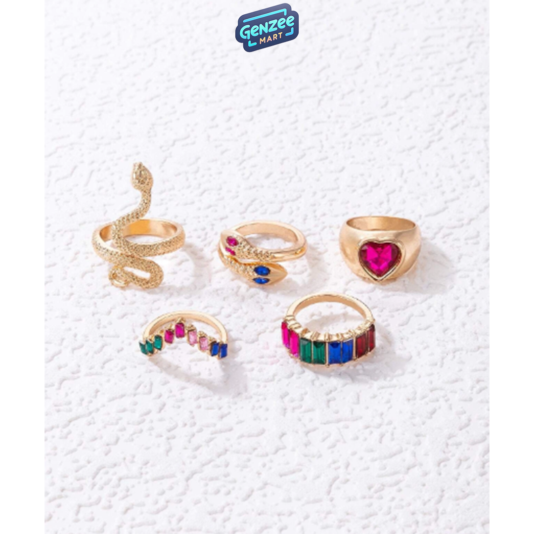 Genzee Mart 5pcs Random Color Rhinestone & Snake Decor Ring