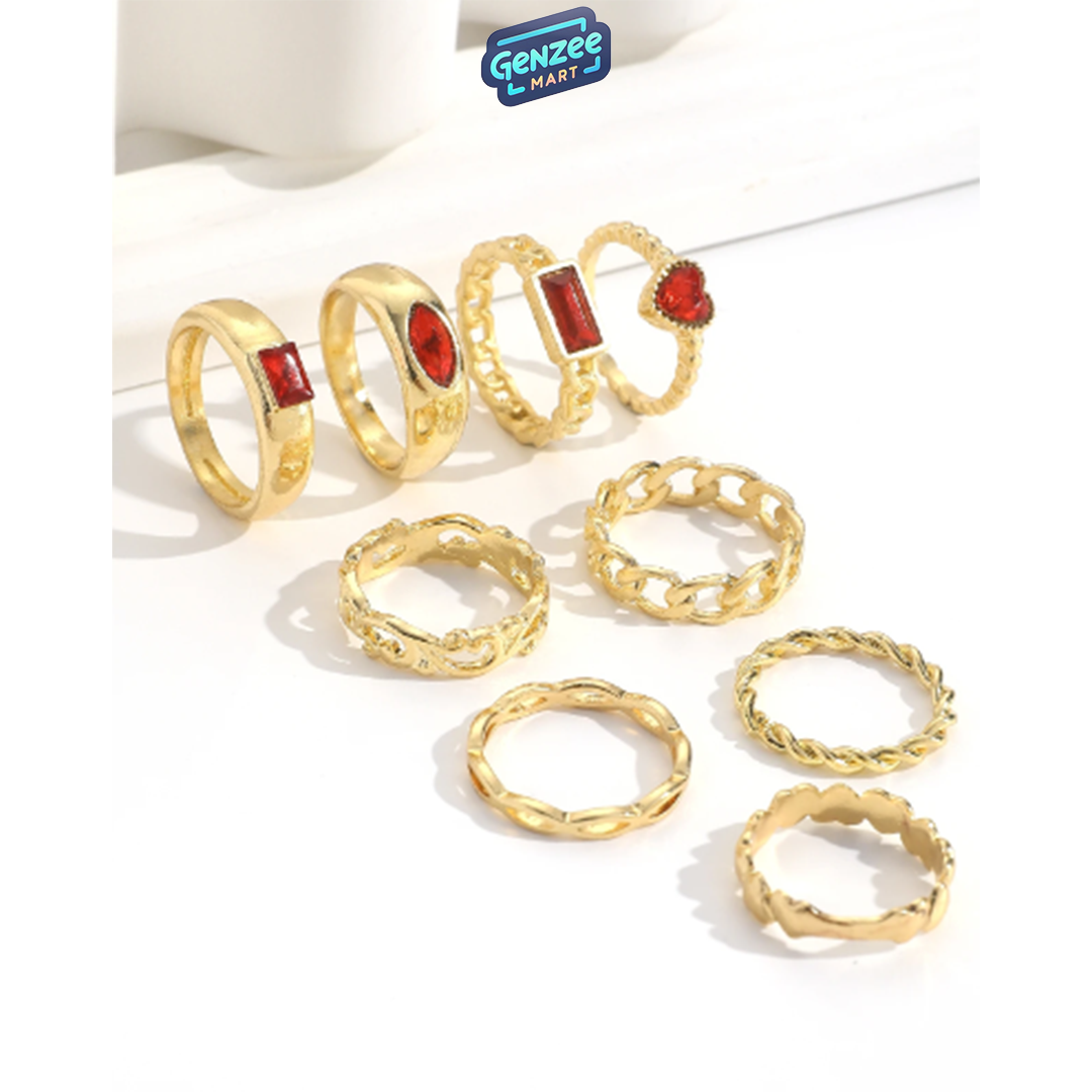 Genzee Mart 9pcs set Creative Hollow Out Chain & Heart Shaped Ring