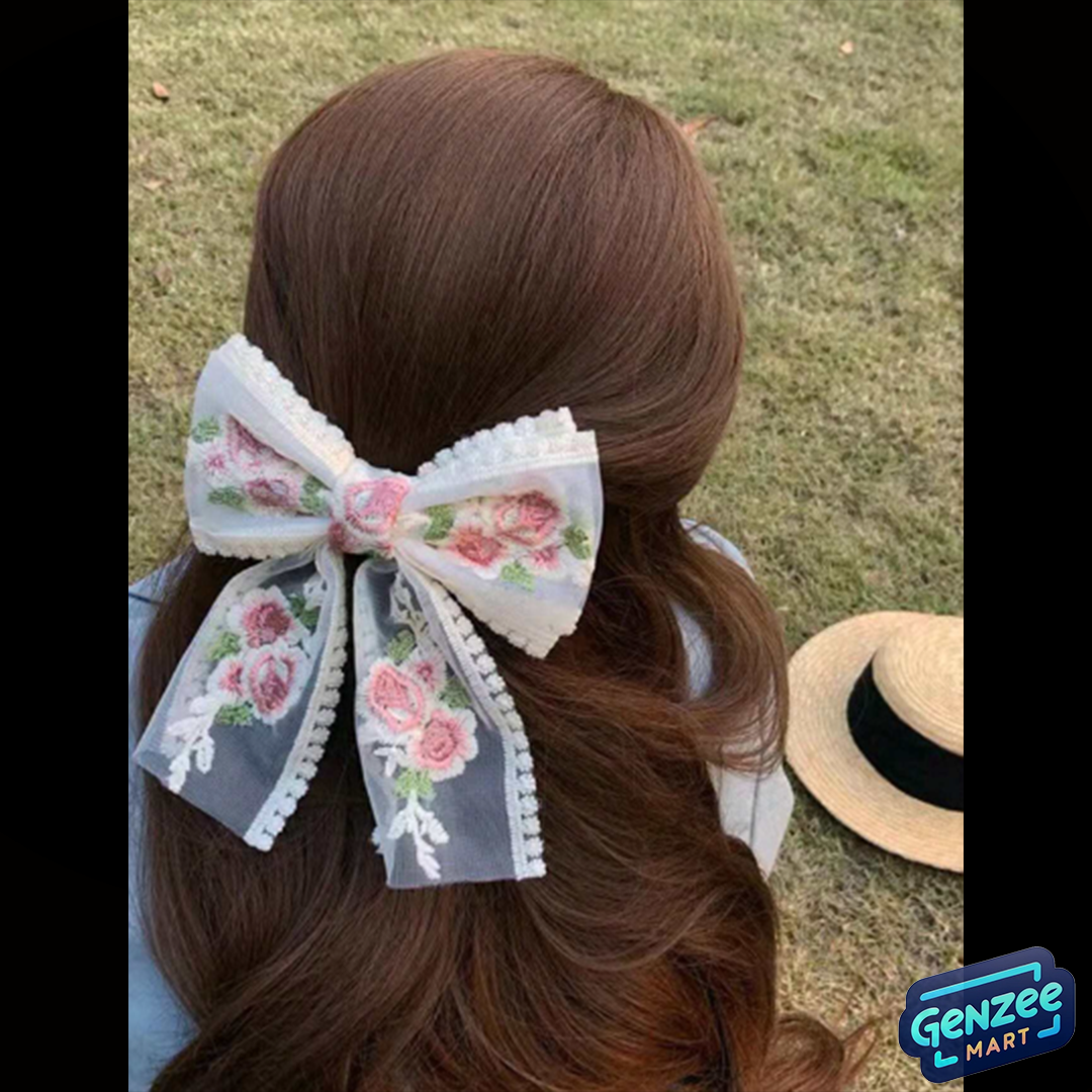 Genzee Mart 1pc Embroidery Flower And Large Bowknot Hair Clip