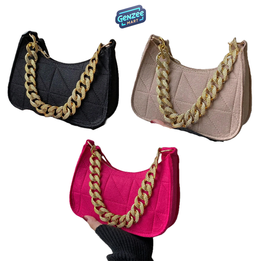 Genzee Mart Mini Hobo Bag Stitch Design Chain Decor Felt Black/Pink/Khaki